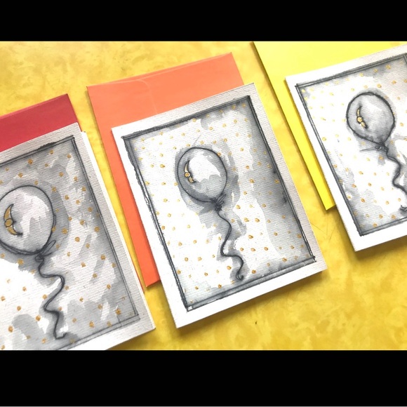 Painted Balloon Card Set of 3. Blank Inside. Pen, Ink, Paint. NWT - Picture 1 of 5